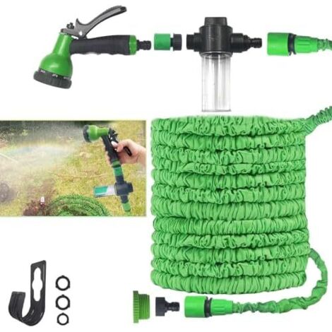 Tuyau Extensible 15m avec Distributeur de Savon Amovible - Matériau Épais Anti-Fuite, Flexible Embout 8 Modes, Raccords 3/4" et 1/2"