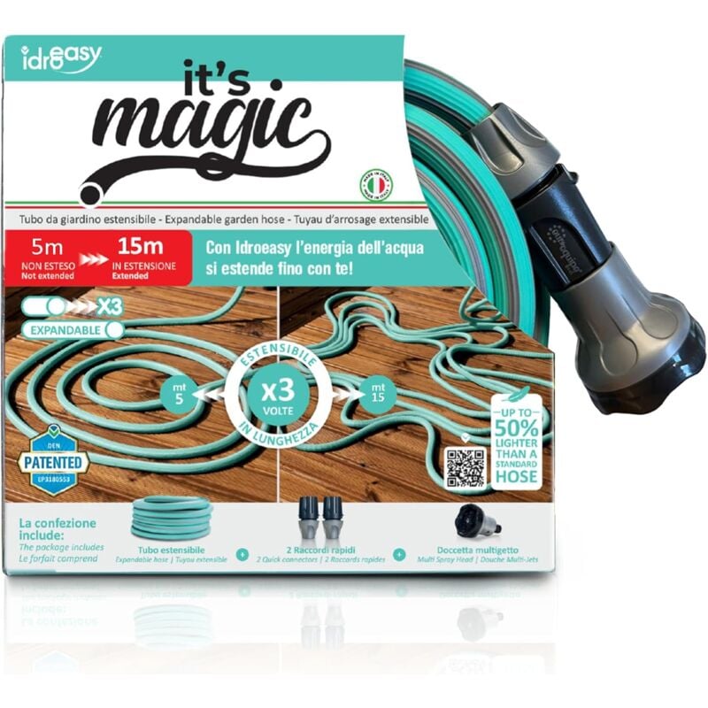 Tuyau d'arrosage anti-torsion Idroeasy 15 m – Léger, flexible et antinœud – Ultra maniable Magic Soft Smart