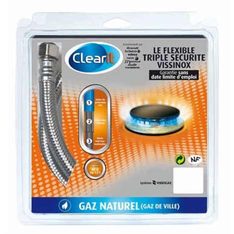 Tuyau flexible inox pour gaz naturel 1,5m – Raccords vissés M20x150 et G 1/2 – Pression maximale 2 bars – Norme NF D 36125