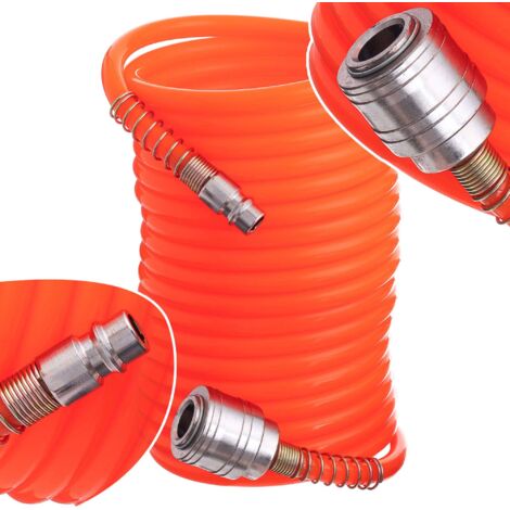 Tuyau pneumatique spiralé 10 m, câble 5 x 8 mm, 8 bar, raccords rapides pour compresseur