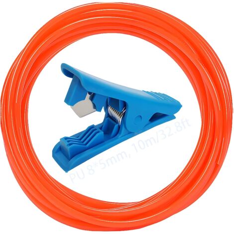 Tuyau PU, Tuyau Pneumatique en polyuréthane orange 10 m, tuyau pour compresseur OD 8 mm x ID 5 mm avec coupe-tube bleu, utilisé pour le transport de gaz
