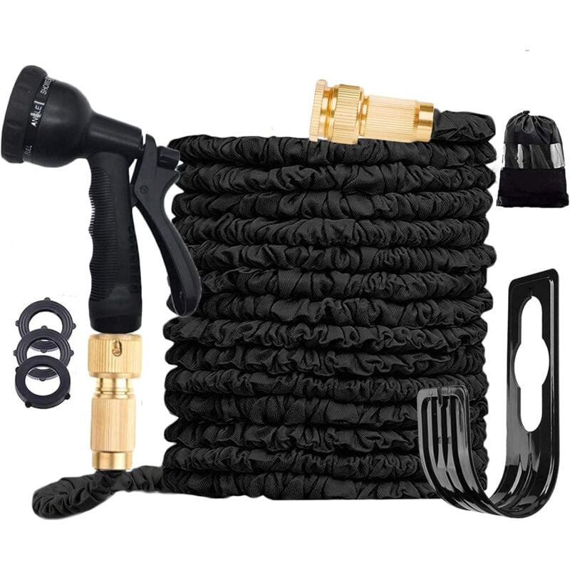 Tuyaux d'arrosage Magique Extensible Jusqu’à 15 m, Anti-Fuite, Raccords en Laiton, Support de Tuyau, Sac de Rangement (Noir)