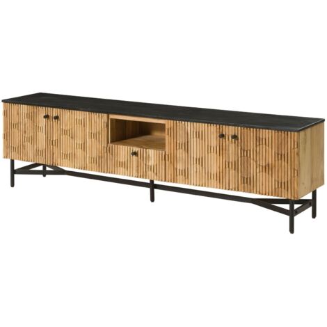 TV-Board Akazie 200x40x55 natur lackiert / Marmor schwarz LONDON 106