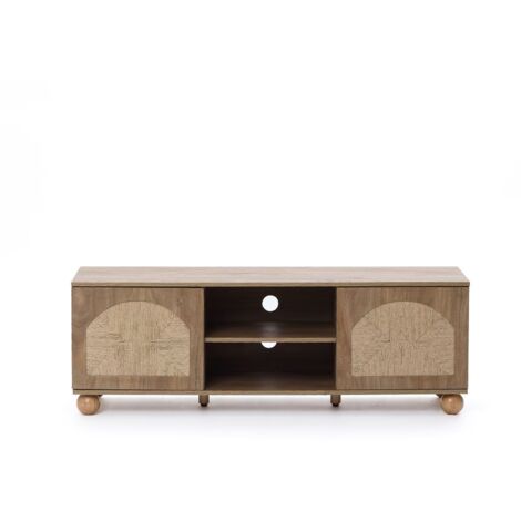 TV-Board aus Holz im Landhausstil – 2 Türen mit Flecht-Front und offenen Ablagefächern, naturfarben