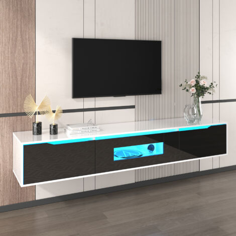 TV cabinet, matching colours in high-gloss white and high-gloss black, with colour-changing LED lights