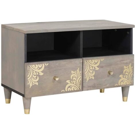 TV Cabinet with Drawer Grey and Gold Solid Mango wood vidaXL