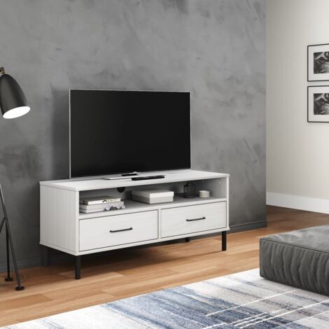 TV Cabinet with Metal Legs White Solid Wood Pine OSLO vidaXL