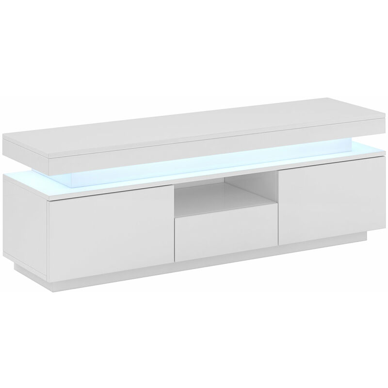 TV-Lowboard 1 Tür 2 Schubladen – Hochglänzendes PVC Weiß LED – 130 x 45,5 x 35cm – PERSIS