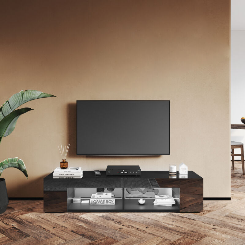 Sonni - tv Lowboard Board Meuble Armoire avec éclairage led Noir brillant Tablettes en verre 135x39x30cm