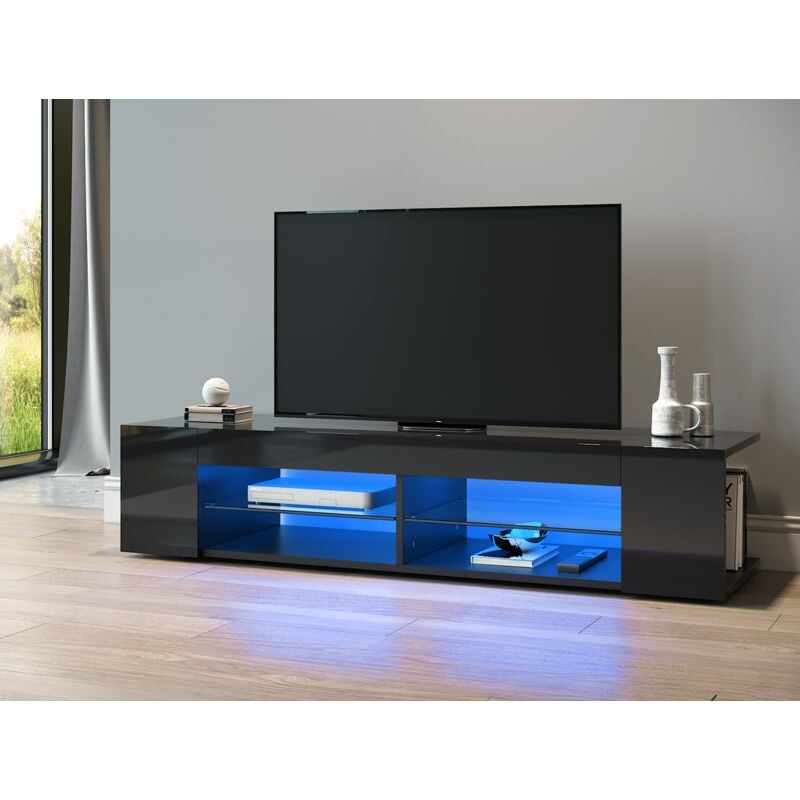 Sonni - TV Lowboard Board Möbel Schrank mit LED Beleuchtung Schwarz Hochglanz Glasböden