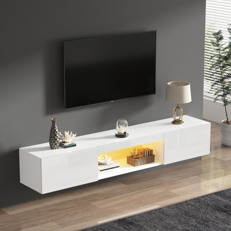 Modenvie Tv Lowboard Hängend Mit 2 Türen 1 Fach, Led Und Bluetooth-steuerung, Für Wohnzimmer, Weiß, 160 X 31 X 22 Cm