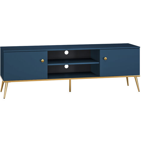 TV Lowboard in dunkelblau mit goldfarbenen Griffen und Füßen MONTPELLIER-131, B/H/T ca. 160/54/40 cm