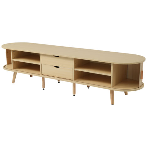 TV-Lowboard MDF in heller Holzoptik, 175 x 40 x 42 cm, 2 Schubladen, 2 Schiebetüren, ovale Form