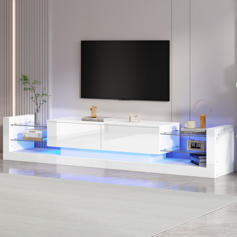 Stilvora Tv-lowboard Mit 2 Klappschubladen Und Led, Glasfront, Hochglanz Weiß, 181×38×38 Cm, Aus Spanplatte