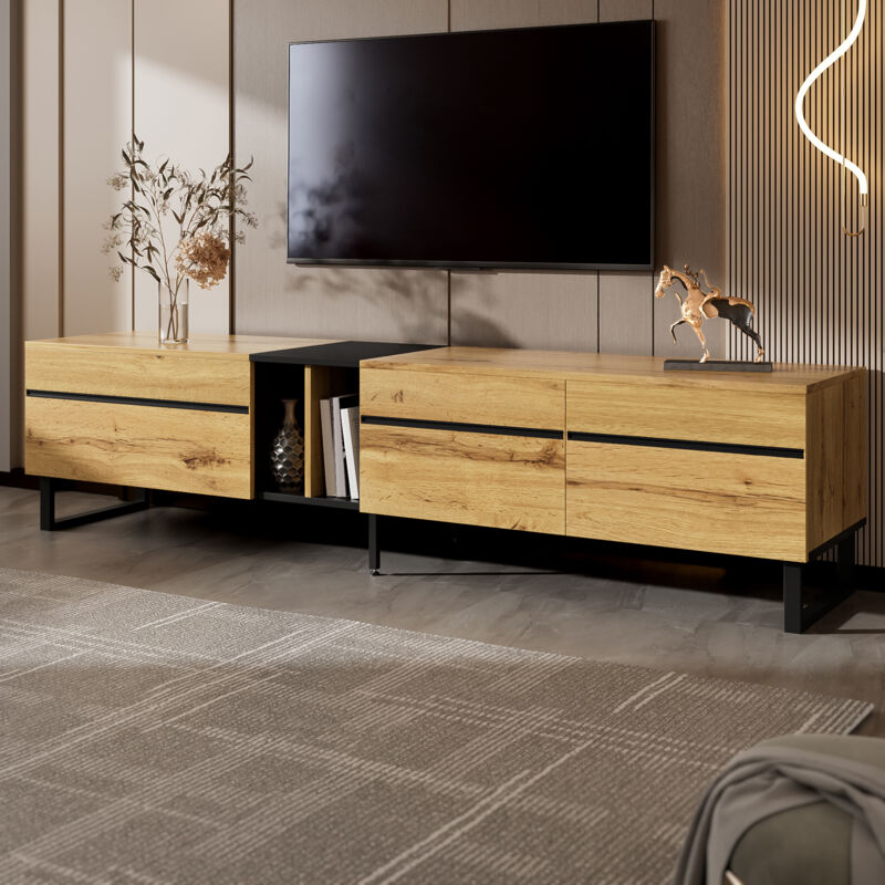 Stilvora Tv-lowboard Mit 2 Türen, 1 Klappfach Und Offenem Fach, Minimalistischer Stil, Aus Spanplatte, Holzoptik, 180×38×45 Cm