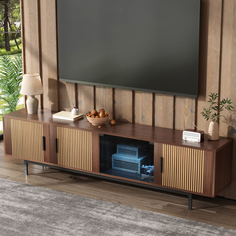 Modenvie Tv Lowboard Mit 2 Türen Aus Gehärtetem Glas Und Led, Modernes Design, Mdf, Schwarz Und Walnuss, 200 X 35 X 53 Cm