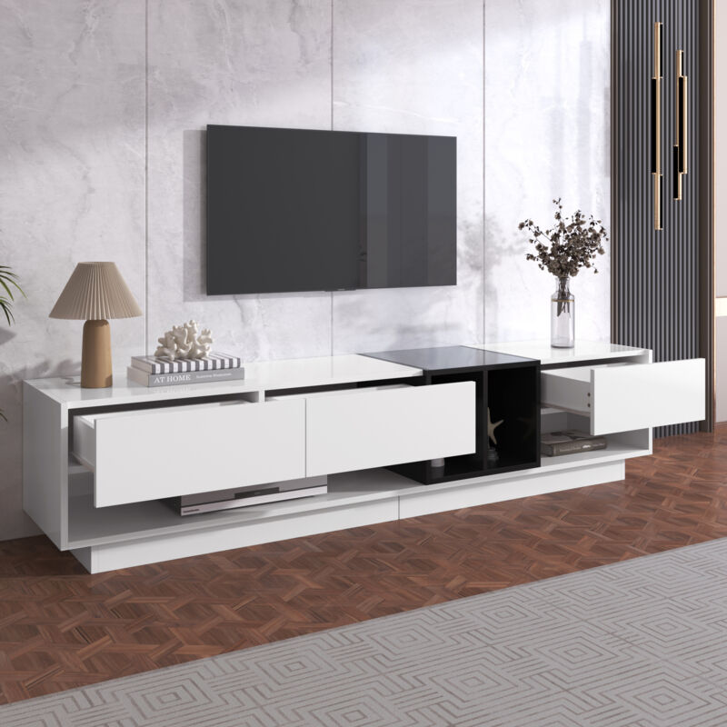 Modenvie Tv Lowboard Mit 3 Schubladen Und 2 Offenen Fächern, Hochglanz, Für Wohnzimmer, Weiß Und Schwarz, 190×40×42 Cm