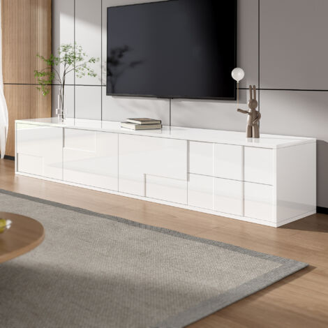 TV Lowboard mit 3 Türen und 2 Schubladen, Wandmontage oder Standmontage, Grifflos, Wohnzimmer, MDF, 170 x 30 x 30.5 cm