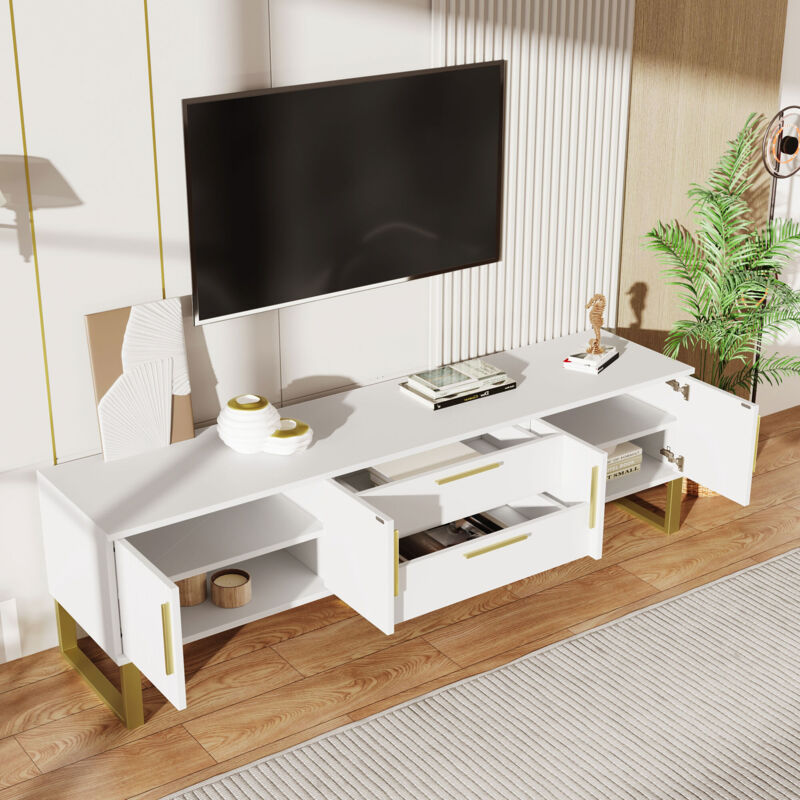 Stilvora Tv-lowboard Mit 4 Türen, 2 Schubladen Und Kabeldurchlass, Hochglanz, Goldene Füße, 170×40×53, 5 Cm, Aus Mdf, Weiß