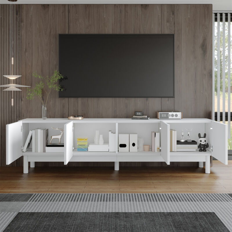 Stilvora Tv-lowboard Mit 4 Türen Und 2 Einlegeböden, Grifflos Mit Wellenfront, Aus Mdf, Weiß, 169×34×45, 5 Cm