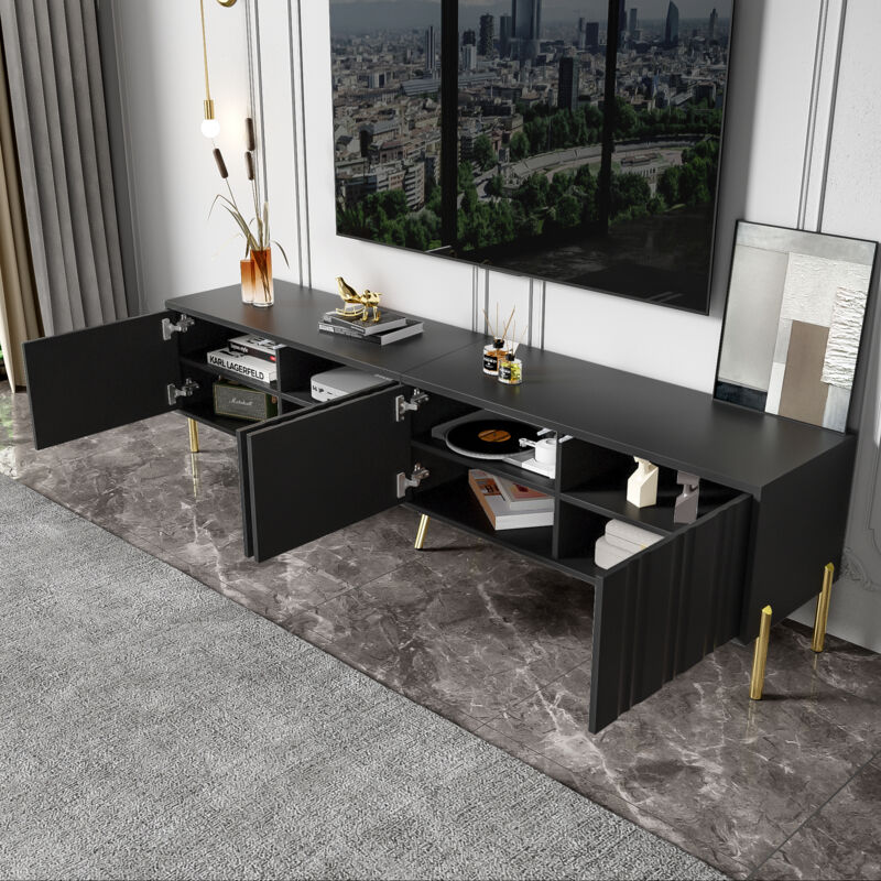 Stilvora Tv-lowboard Mit 4 Türen Und 8 Regalböden, Vertikale Rillenfront, Goldfarbene 15 Cm Beine, Aus Mdf Und Spanplatte, Schwarz, 190×38×48 Cm