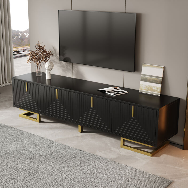 Stilvora Tv-lowboard Mit 4 Türen Und Einlegeböden, Soft-close-scharniere, Verstellbare Füße, Modern, Aus Spanplatte, Schwarz, 160×38×44, 5 Cm