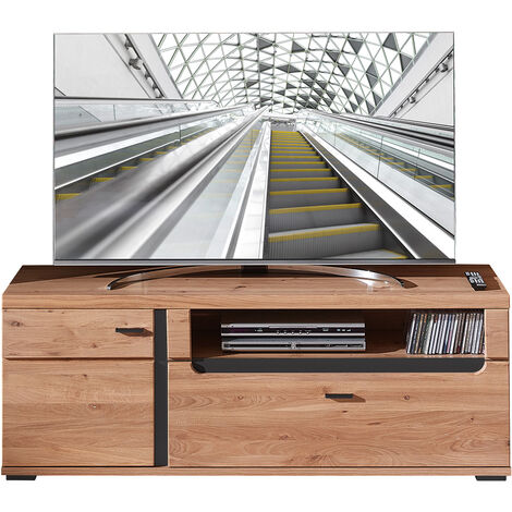 TV Lowboard mit Esche Massivholzfront STAVEN-36 mit Absetzungen in schwarz matt, B/H/T ca. 150/55/42 cm