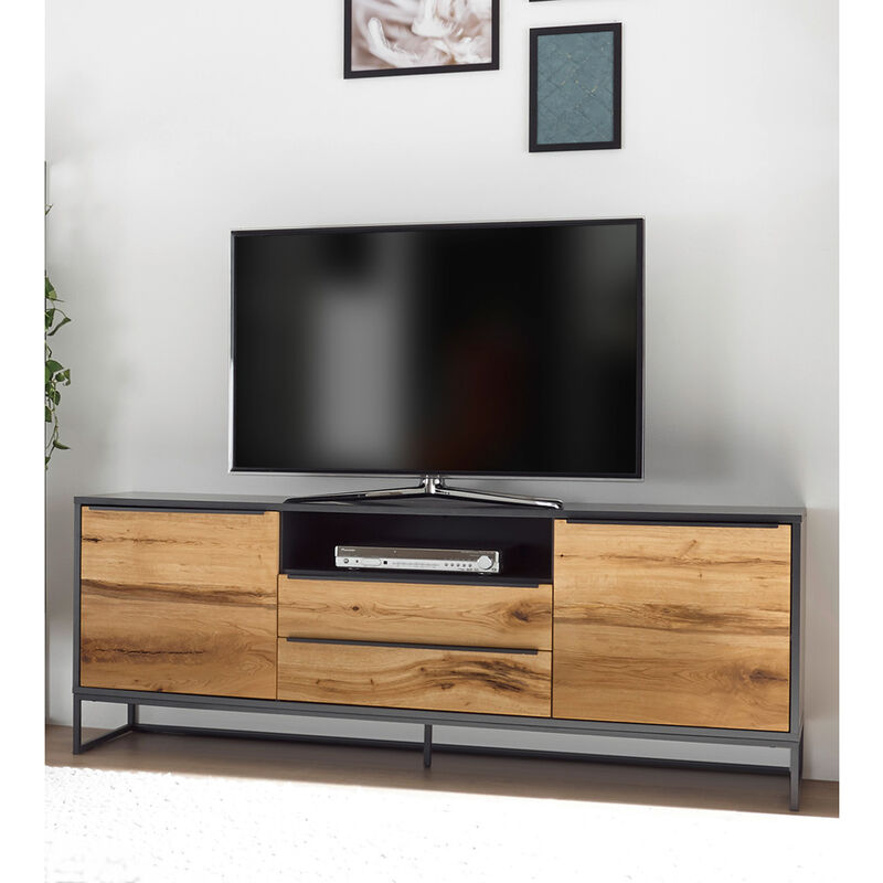 TV Lowboard mit Metall Gestell AUCKLAND-05 in Eiche furniert geölt mit anthrazit grau lackiert, B/H/T: 184/69/40 cm