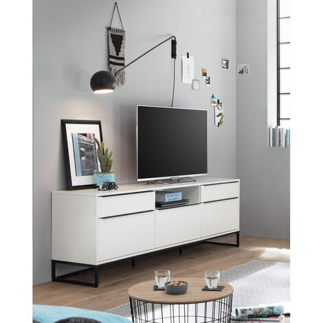 TV Lowboard mit Metall Gestell schwarz LIVORNO-05 in weiß matt lackiert, B/H/T: ca. 215/69/40 cm - schwarz