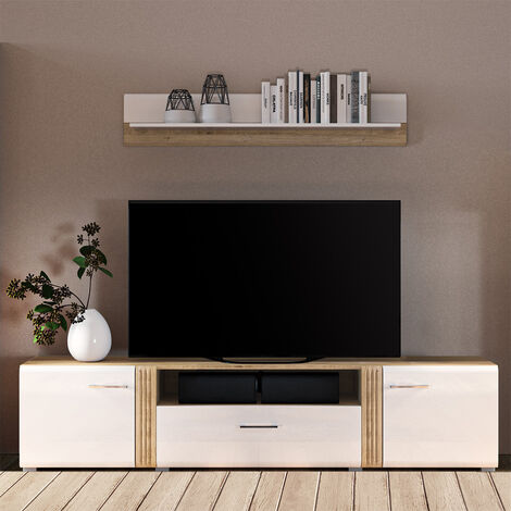 TV-Lowboard Set in Eiche Nb. AKRON-131 modern mit Fronten in Hochglanz weiß 2-teilig mit TV Board und Wandboard