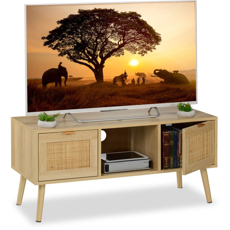Meuble tv, Commode télévision, aspect bois et rotin, jusqu'à 43 pouces, bois, HxLxP: 45,5x100x40 cm, naturel - Relaxdays