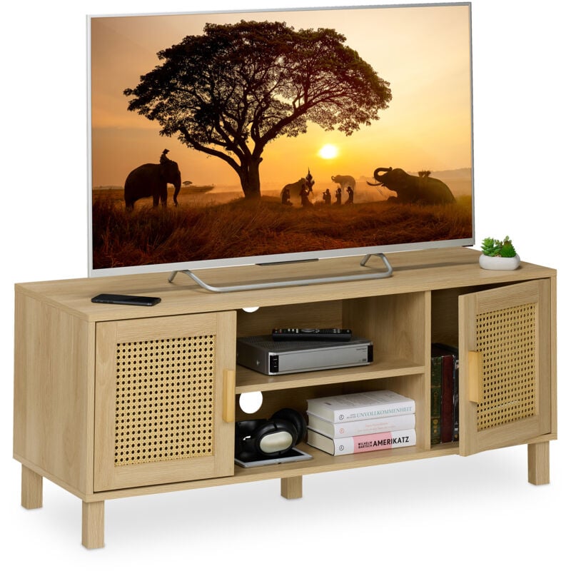 Meuble tv, Lowboard, style rotin, Console basse jusqu'à 50 pouces, effet bois, HxLxP: 48x115x40 cm, naturel - Relaxdays