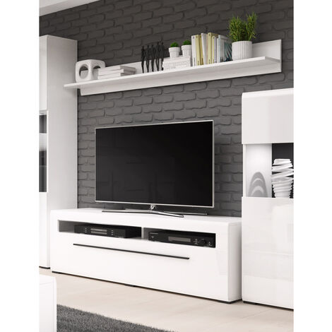 TV Lowboard weiß Hochglanz TURDA-83 modern mit Absetzungen in schwarz und Schubkasten, B/H/T: ca. 140/52/50 cm - weiß