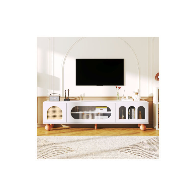 TV-meubles, TV-meubles avec porte en rattan, porte coulissante en verre, trois zones d'arc ouvertes, lowboard avec poignées dorées et pieds en bois