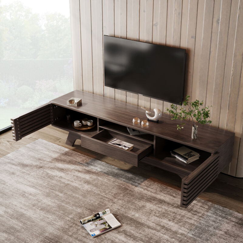 Modenvie Tv Möbel Mit 2 Türen, 1 Schublade, Offenen Fächern Und Kabeldurchführung, Für Wohnzimmer, Natur, 150 X 35 X 44 Cm