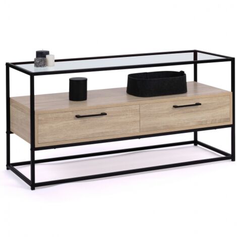 TV-Möbel 113 cm SOLANO 2 Schubladen Glasplatte und Metallfuß Industriedesign