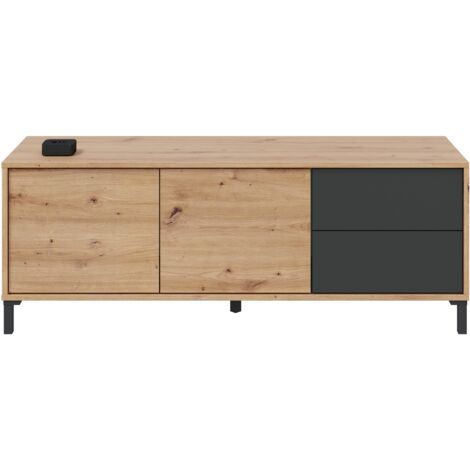 TV-Möbel 130x41x47 cm mit 2 Türen und 2 Schubladen, nordische eiche anthrazitgrau – Mineo