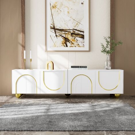 TV-Möbel 170 x 38 x 44 cm – mit strukturierten Türen, Schubladen, offenen Fächern, goldenen Griffen und Füßen – Weiß