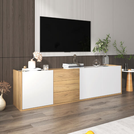 TV-Möbel 171,5 x 35 x 47 cm, drei Türen und drei Schubladen, zur Wand- oder Bodenmontage geeignet, weiß-holzfarben