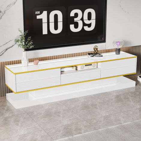 TV-Möbel 180 x 38 x 45 cm, drei Schubladen, modernes Design, Spanplatte, Hochglanzlackierung, Gold + Weiß
