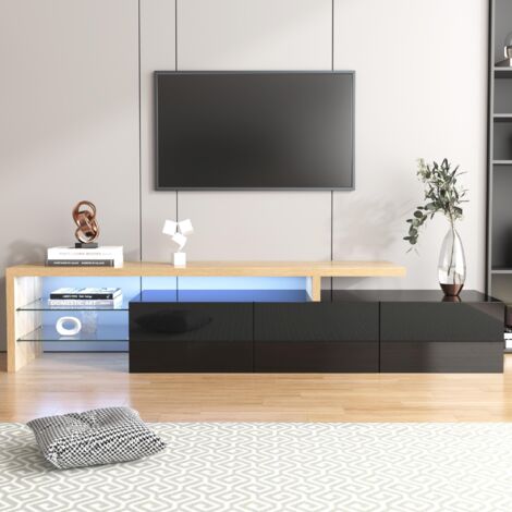 DANS LES NUAGES TV-Möbel 197 cm, mit LED-Beleuchtung, 3 türen, 2 Glasregalen, Lowboard im rustikal Stil, Wohnzimmer TV-Schrank aus Holz - Schwarz