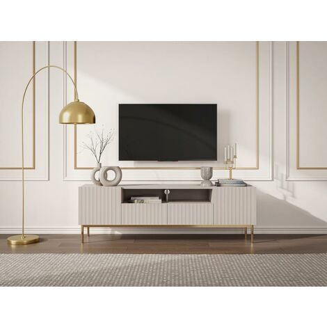 VENTE-UNIQUE TV-Möbel - 2 Türen, 2 Schubladen und 2 Ablagefächer - MDF und Stahl - Beige und Goldfarben - EVILANA