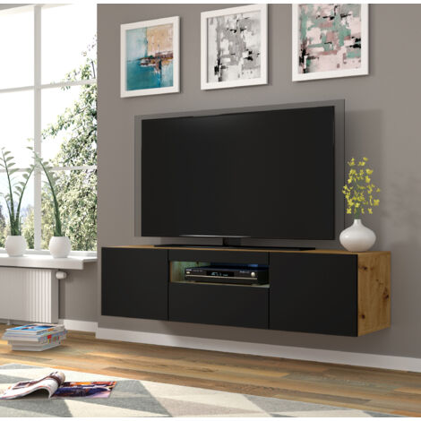 TV-Möbel hängend oder am Boden 150x42/36x37 Cm STAND AURA Struktur Eiche und Fronten Schwarz matt