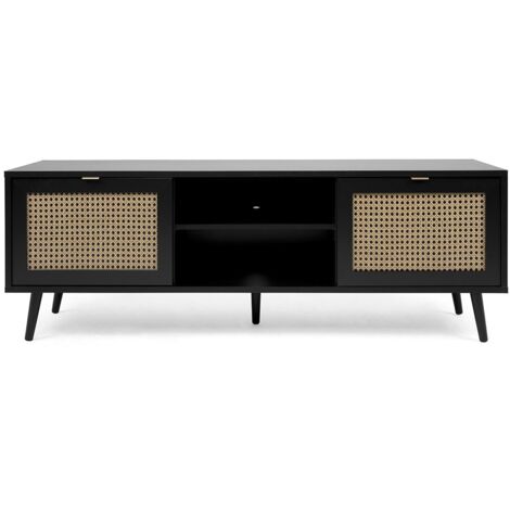 CALICOSY TV-Möbel mit 2 Türen und 2 Klapptüren in schwarzem Druck und Rohrgeflecht-Druck Villa- L150 x H52 x T40 cm