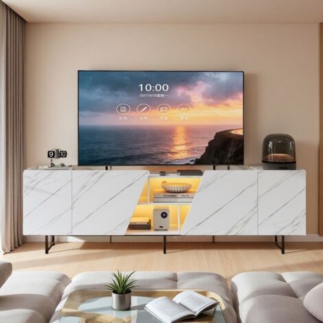 TV-Möbel - Modern - 220 cm - LED-Beleuchtung - Marmor-Effekt-Paneele - Weiß