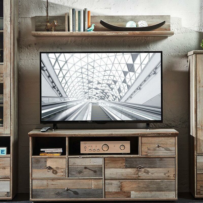 TV-Möbel Set Lowboard mit Wandregal BRANSON-36 in Driftwood braun, B/H/T ca. 130/170/52 cm