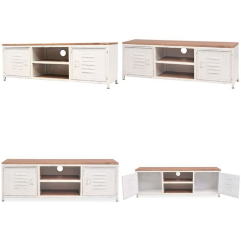 TV-Schrank 120x30x40 cm Weiß - Industrieller TV-Schrank - Fernsehschränkchen - Regal Mit Türen - Metallregal - Holztischplatte - Home & Living