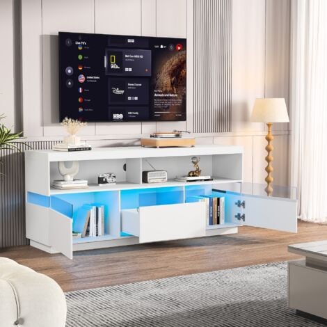 TANANT TV-Schrank 147 cm, mit LED-Beleuchtung, 1 Schublade und 2 Türen, furnierter TV-Schrank, geeignet für den Einsatz im Wohn- und Schlafzimmer, Modern, Weiß