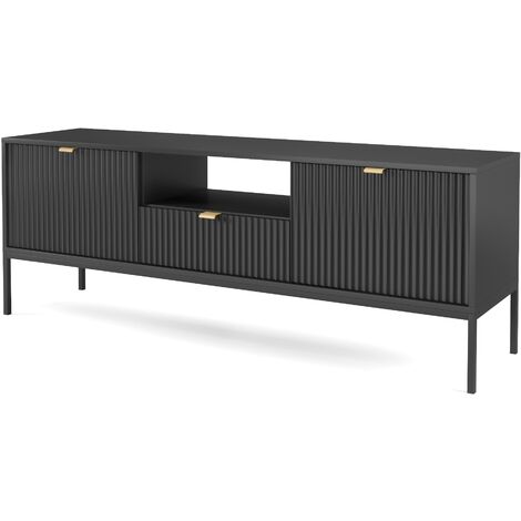 TV-Schrank 150 cm Galla - Zweitürige TV-Tisch mit Schubladen - Beinen, geriffelten Fronten & goldene Griffe (Schwarz + Schwarz)