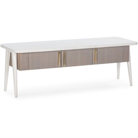 TV-Schrank 150 x 50 x 51, weißes Holz mit grauer Patina/goldenes Metall